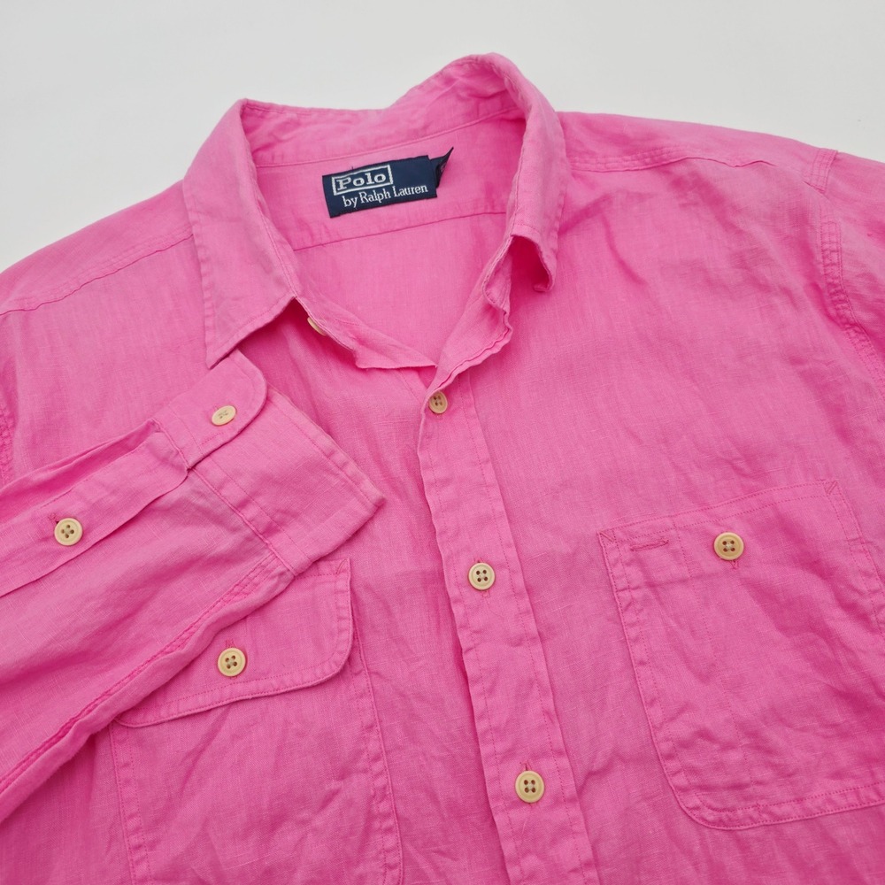 Polo Ralph Lauren Mens Large Pink 100% Linen Long Sleeve Button Up Shirt